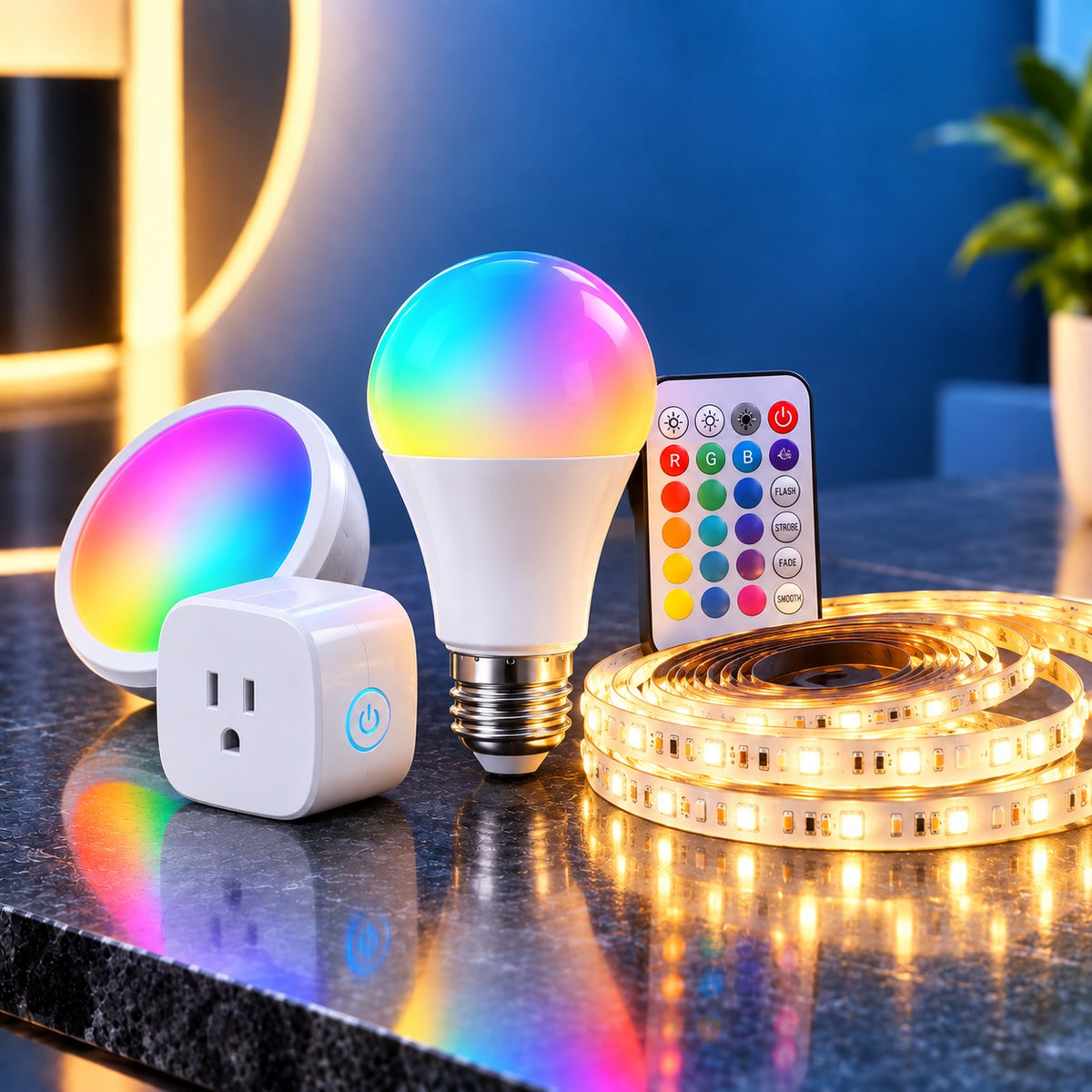 RGB Smart LED Light Bulb & Strip Light – Color Changing Lights with Remote Control